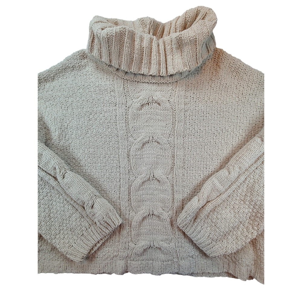 Seven 7 Womens XL Turtleneck Sweater Beige‎ Cable Knit Chunky Oversized Pullover